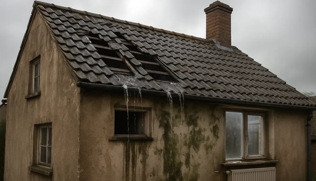 Illustration des risques d'une toiture endommagée : fuites, moisissures et pertes énergétiques