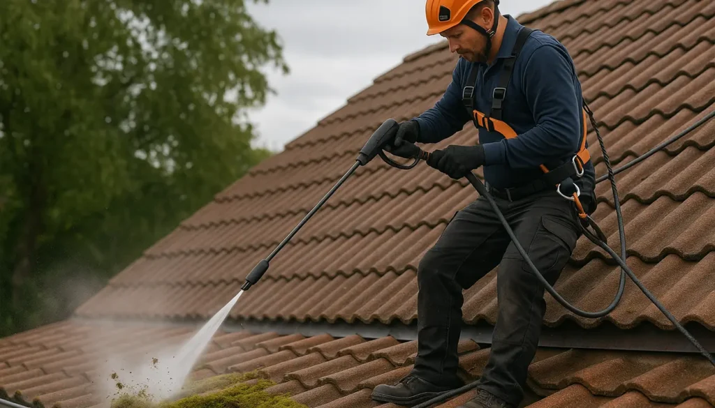 Professionnel réalisant un entretien régulier et un démoussage de toiture