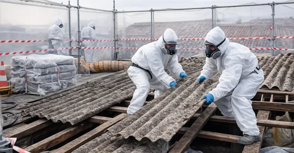 Chantier de désamiantage de toiture réalisé par des professionnels certifiés