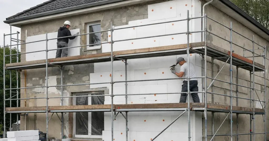 Isolation thermique par l’extérieur en cours sur façade