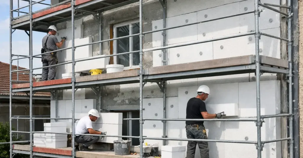 Isolation thermique par l’extérieur en cours sur façade