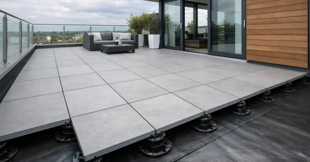 Toiture terrasse avec dalles sur plots sur membrane d’étanchéité