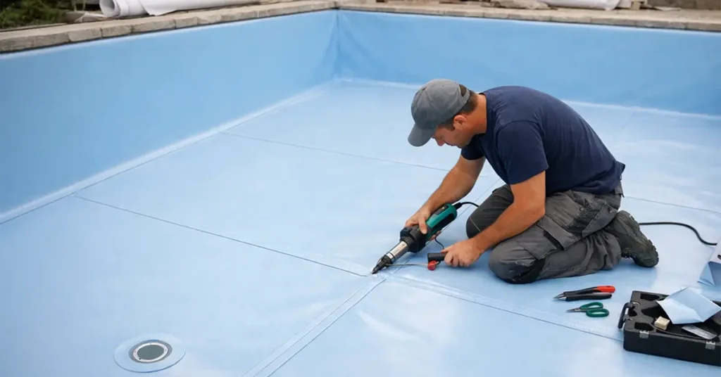 Pose sur mesure de membrane armée dans une piscine